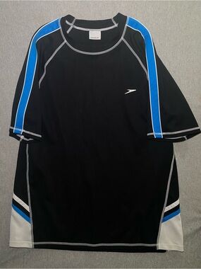 Speedo UV Block the Burn Rash Guard Swim Shirt Adult Black Blue Short Sleeve